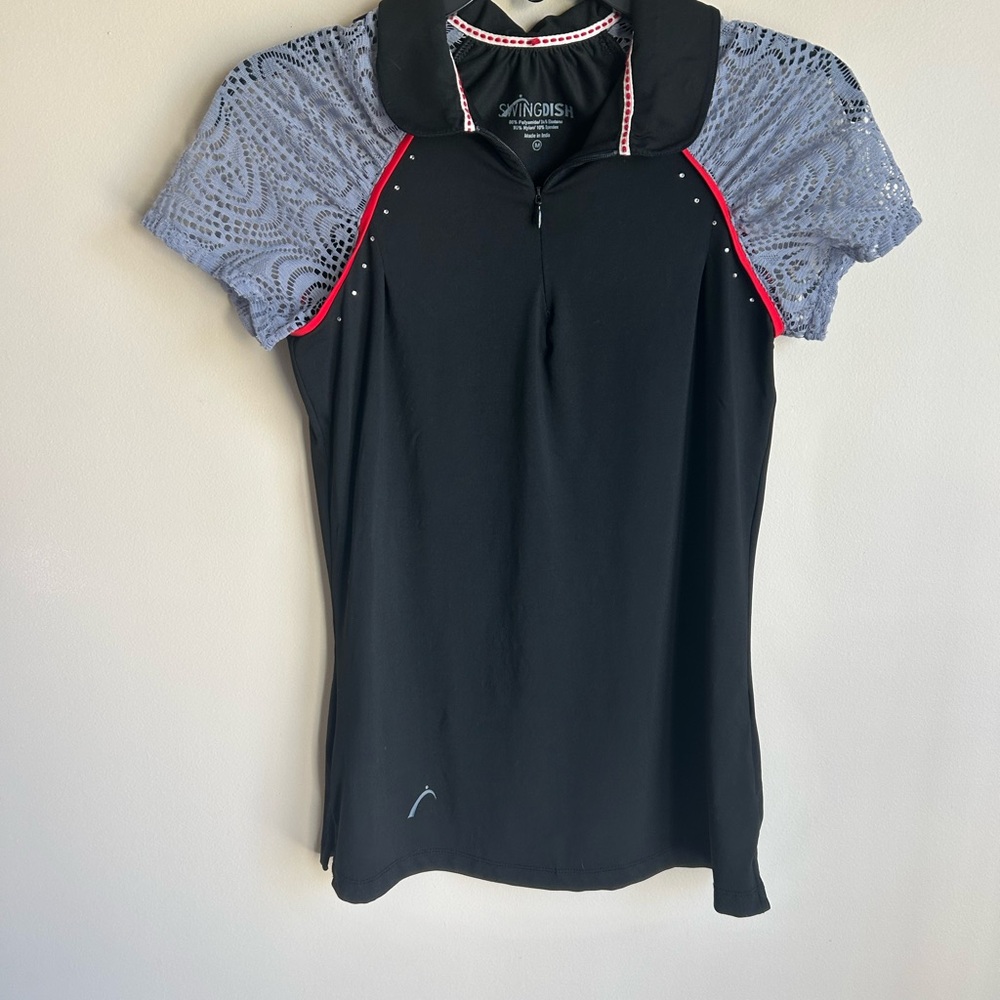 SwingDish Black Short Sleeve Polo Top with Lace Cap Sleeves SZ M